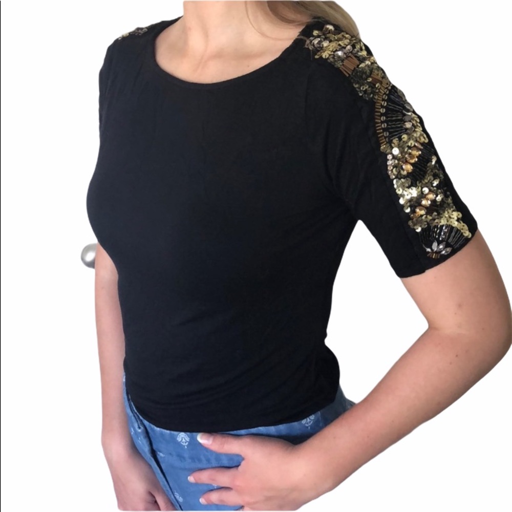 Beaded Shoulder Black Top